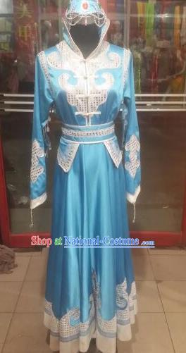 Chinese Traditional Mongolian Folk Dance Costume China Mongol Nationality Blue Dress for Women