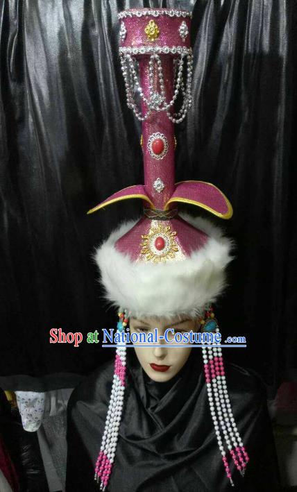 Chinese Traditional Mongolian Bride Purple Hats China Mongol Nationality Wedding Headwear for Women