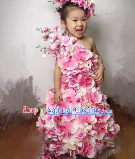 Top Grade Catwalks Costume Stage Performance Model Show Customized Pink Flowers Dress for Kids