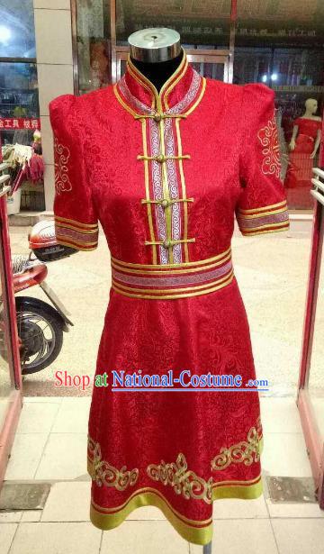 Chinese Traditional Mongolian Costume China Mongol Nationality Folk Dance Red Dress for Women