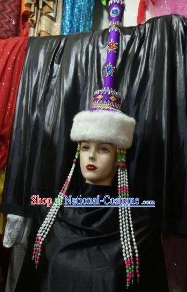 Chinese Traditional Mongolian Folk Dance Purple Hats China Mongol Nationality Bride Wedding Headwear for Women