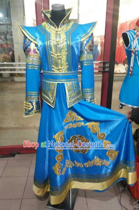 Chinese Traditional Mongolian Costume China Mongol Nationality Folk Dance Blue Mongolian Robe for Women