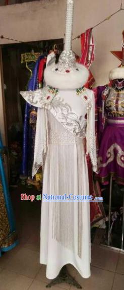 Chinese Traditional Mongolian Bride Costume China Mongol Nationality Folk Dance White Dress for Women