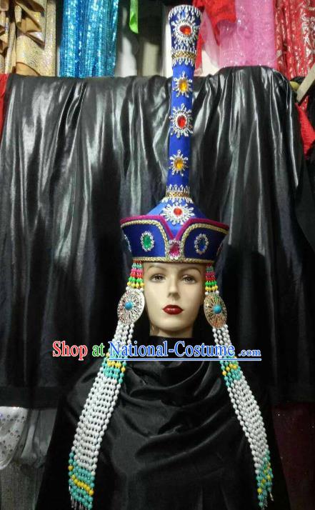 Chinese Traditional Mongolian Bride Royalblue Hats China Mongol Nationality Wedding Headwear for Women