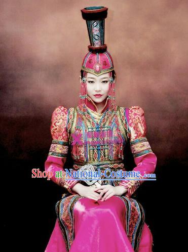 Chinese Traditional Mongolian Bride Costume China Mongol Nationality Wedding Dress and Hat for Women