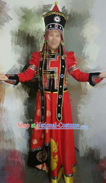 Chinese Traditional Mongolian Folk Dance Clothing China Mongol Nationality Wedding Costume and Hat for Women