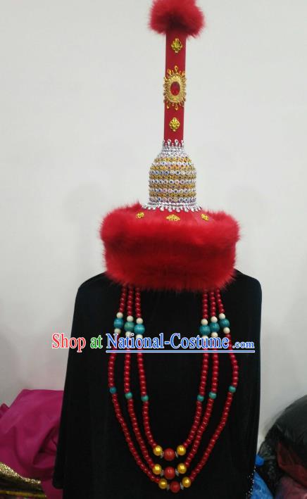 Chinese Traditional Mongolian Princess Red Fur Hats Mongol Nationality Hair Accessories Folk Dance Headwear for Women