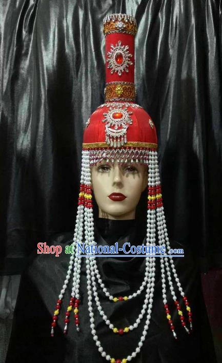 Chinese Traditional Mongolian Wedding Red Hats China Mongol Nationality Bride Headwear for Women