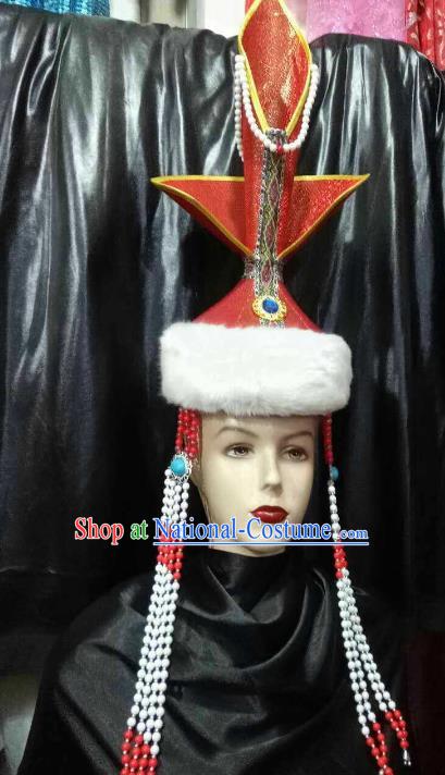 Chinese Traditional Mongolian Folk Dance Red Hats China Mongol Nationality Bride Wedding Headwear for Women