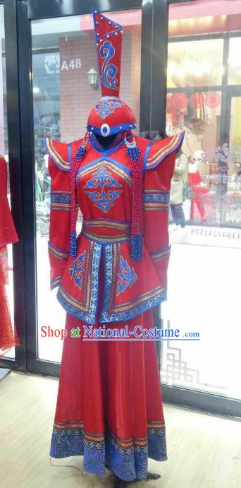 Chinese Traditional Mongolian Folk Dance Red Dress China Mongol Nationality Bride Costume and Hat for Women