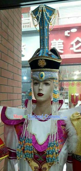 Chinese Traditional Mongolian Queen Blue Hats Mongol Nationality Hair Accessories Folk Dance Headwear for Women