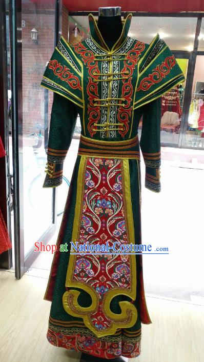 Chinese Traditional Mongolian Green Dress China Mongol Nationality Folk Dance Costume for Women