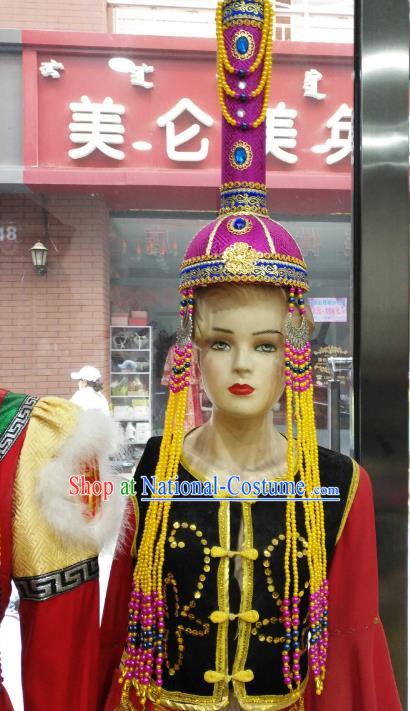 Chinese Traditional Mongolian Rosy Hats Mongol Nationality Hair Accessories Folk Dance Headwear for Women