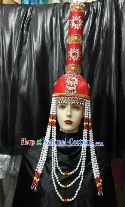 Chinese Traditional Mongolian Red Hats Mongol Nationality Hair Accessories Folk Dance Headwear for Women