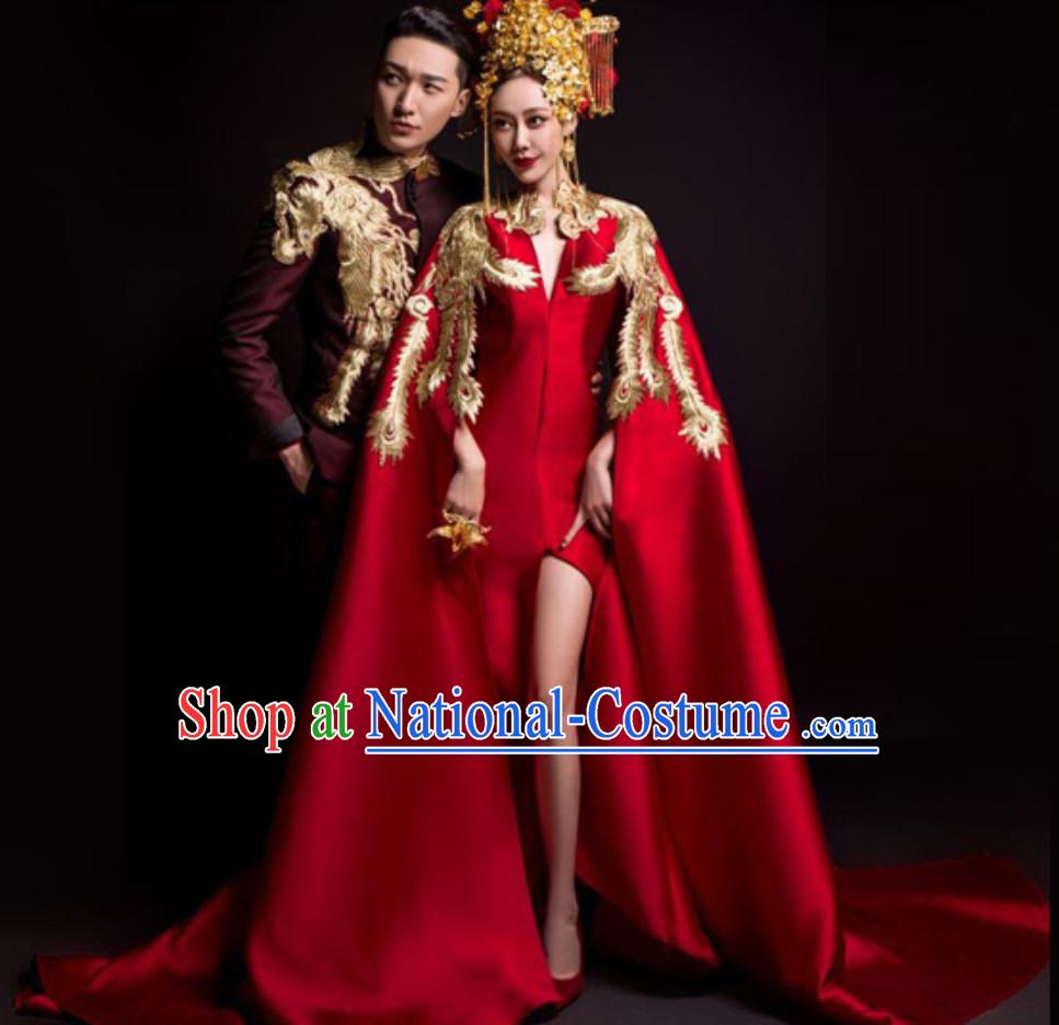 Top Chinese Classical Model Stage Evening Dress and Crown Complete Set