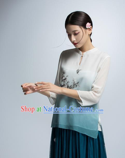 Chinese Traditional Costume Printing Cheongsam Blouse China National Upper Outer Garment Shirt for Women