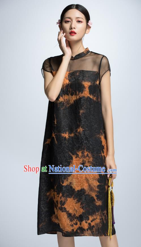 Chinese Traditional Printing Black Cheongsam Dress China National Costume for Women