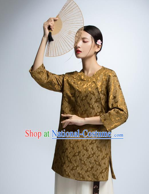 Chinese Traditional Costume Golden Cheongsam Blouse China National Upper Outer Garment Shirt for Women