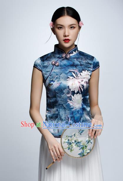 Chinese Traditional Costume Printing Blue Cheongsam Blouse China National Upper Outer Garment Shirt for Women