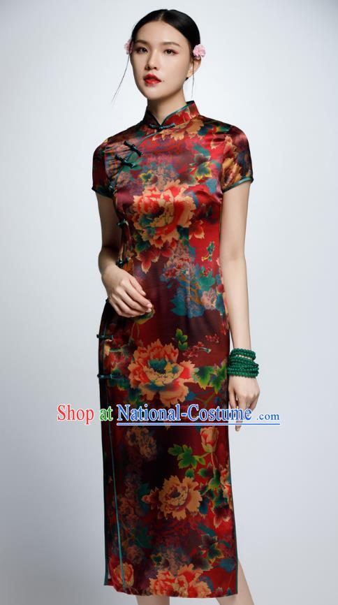 Chinese Traditional Printing Peony Silk Cheongsam China National Costume Qipao Dress for Women