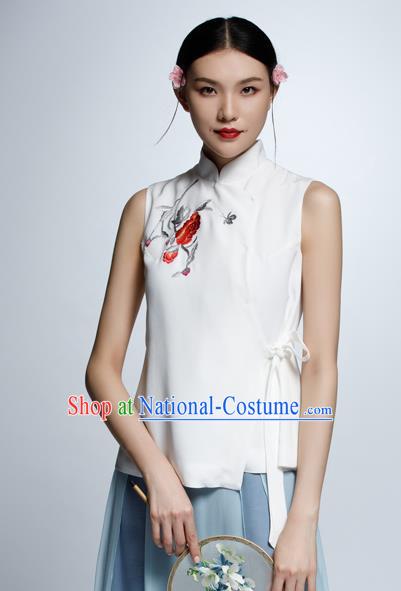 Chinese Traditional Costume Embroidered White Cheongsam Blouse China National Upper Outer Garment Shirt for Women