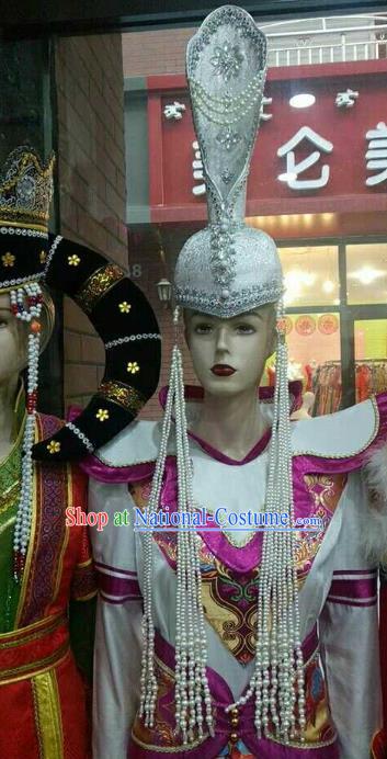 Chinese Traditional Mongolian Argentate Hats Mongol Nationality Hair Accessories Folk Dance Headwear for Women