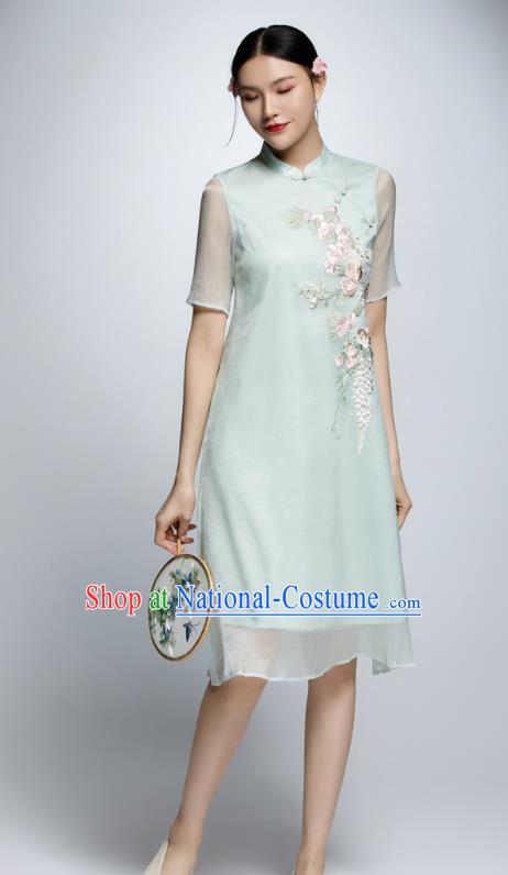 Chinese Traditional Embroidered Green Cheongsam China National Costume Qipao Dress for Women