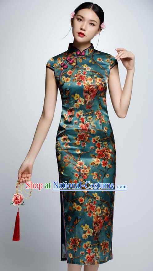 Chinese Traditional Printing Green Cheongsam China National Costume Qipao Dress for Women