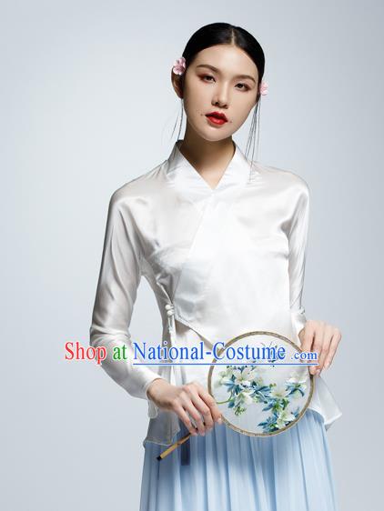 Chinese Traditional Costume White Silk Blouse China National Upper Outer Garment Shirt for Women