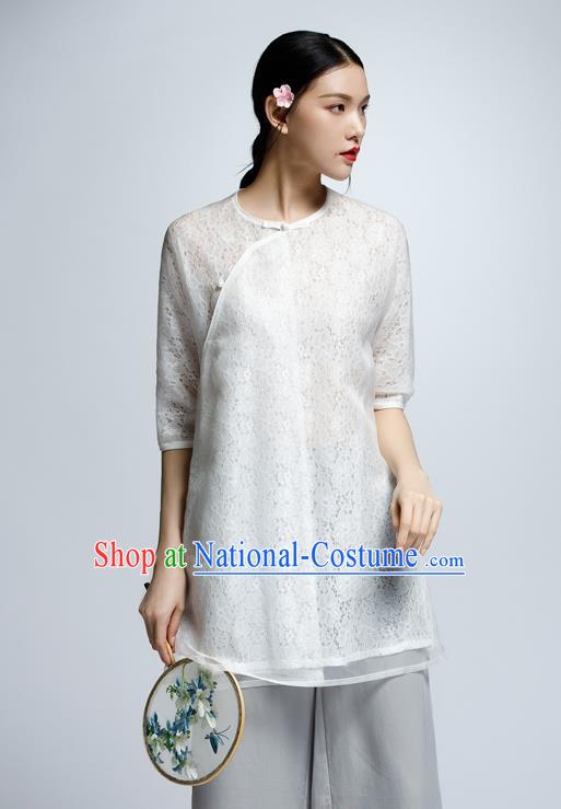 Chinese Traditional Costume Lace Cheongsam Blouse China National Upper Outer Garment Shirt for Women