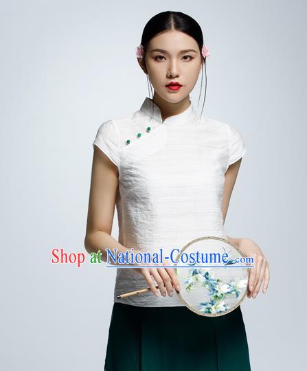 Chinese Traditional Costume White Cheongsam Blouse China National Upper Outer Garment Shirt for Women