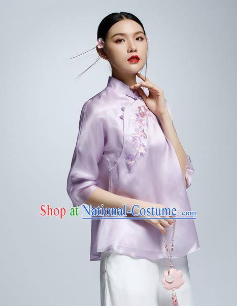 Chinese Traditional Costume Embroidered Purple Cheongsam Blouse China National Upper Outer Garment Shirt for Women