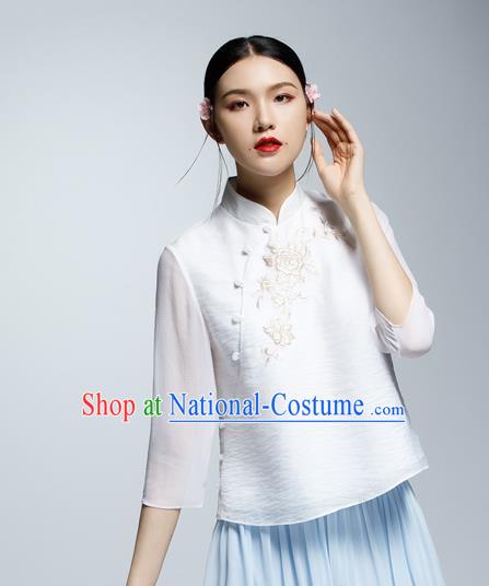 Chinese Traditional Costume Embroidered White Cheongsam Blouse China National Upper Outer Garment Shirt for Women