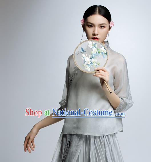 Chinese Traditional Costume Embroidered Grey Blouse China National Upper Outer Garment Shirt for Women