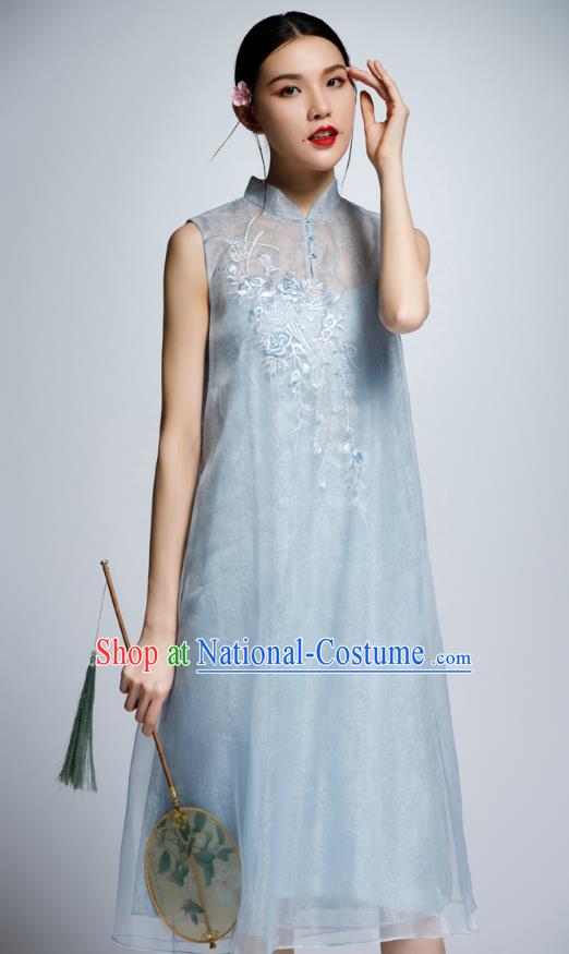 Chinese Traditional Embroidered Blue Cheongsam China National Costume Tang Suit Qipao Dress for Women