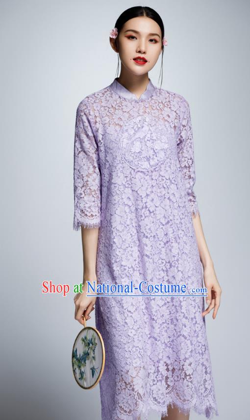 Chinese Traditional Embroidered Purple Lace Cheongsam China National Costume Tang Suit Qipao Dress for Women