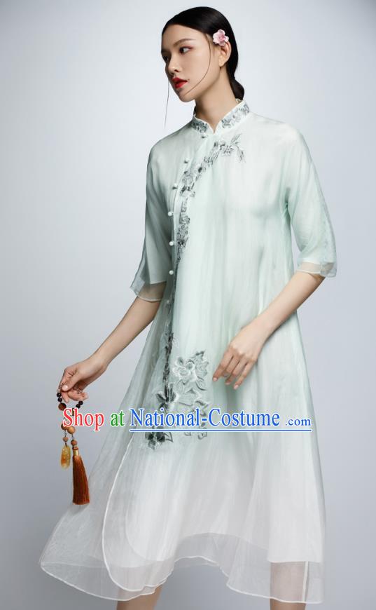 Chinese Traditional Green Organza Cheongsam China National Costume Tang Suit Qipao Dress for Women