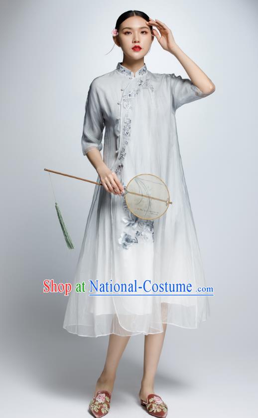 Chinese Traditional Grey Organza Cheongsam China National Costume Tang Suit Qipao Dress for Women