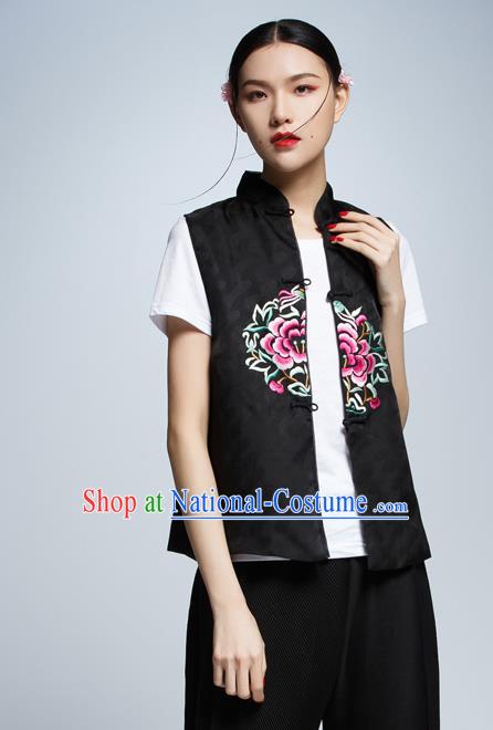 Chinese Traditional Costume Black Cheongsam Vest China National Upper Outer Garment Waistcoat for Women