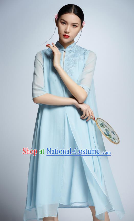 Chinese Traditional Embroidered Blue Cheongsam China National Costume Tang Suit Qipao Dress for Women