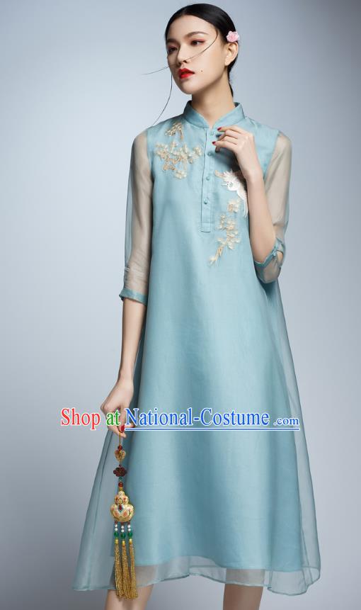 Chinese Traditional Embroidered Blue Cheongsam China National Costume Tang Suit Qipao Dress for Women