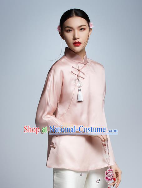 Chinese Traditional Costume Pink Silk Cheongsam Blouse China National Upper Outer Garment Shirt for Women