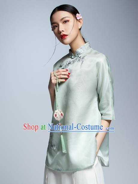 Chinese Traditional Costume Green Silk Cheongsam Blouse China National Upper Outer Garment Shirt for Women