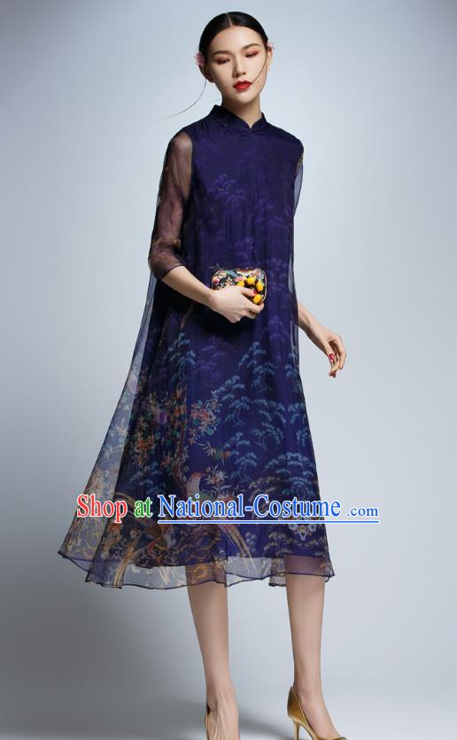 Chinese Traditional Navy Cheongsam China National Costume Tang Suit Qipao Dress for Women