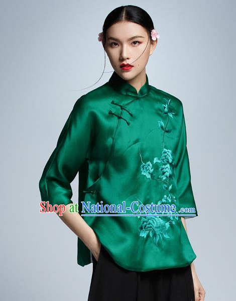 Chinese Traditional Costume Embroidered Green Cheongsam Blouse China National Upper Outer Garment Shirt for Women