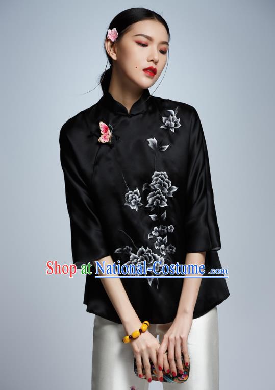 Chinese Traditional Costume Embroidered Black Cheongsam Blouse China National Upper Outer Garment Shirt for Women