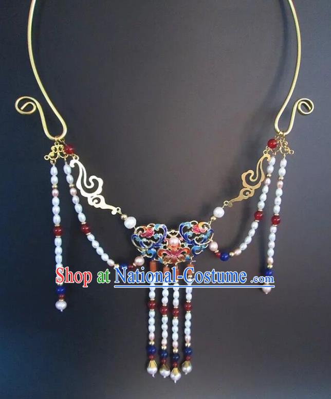 Chinese Traditional Jewelry Accessories Ancient Hanfu Blueing Pearls Tassel Necklace for Women