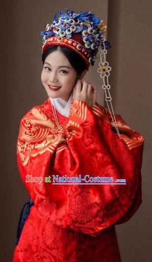 Chinese Ancient Ming Dynasty Queen Embroidered Costume Bride Red Robe for Women