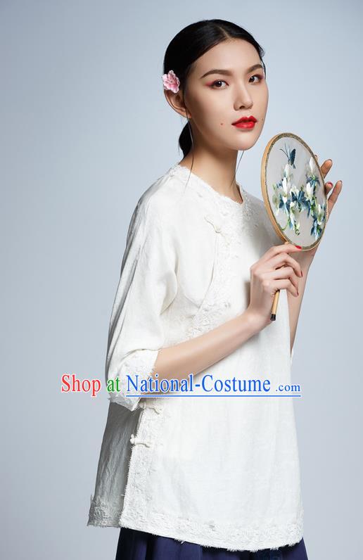 Chinese Traditional Costume White Lace Cheongsam Blouse China National Upper Outer Garment Shirt for Women