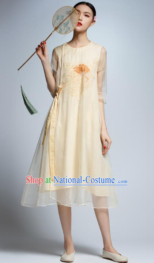 Chinese Traditional Embroidered Organza Yellow Cheongsam China National Costume Tang Suit Qipao Dress for Women